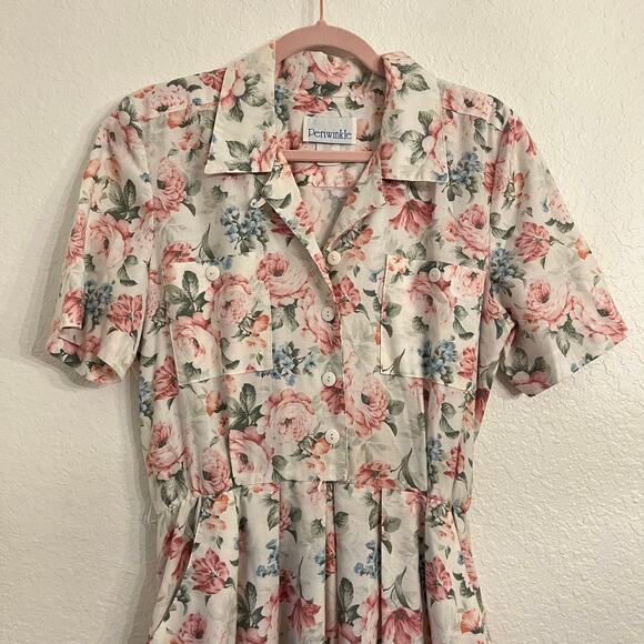 Vintage 80s Periwinkle Belted Shirtdress 6 White Floral Coquette Cottage Pinup - Picture 4 of 16